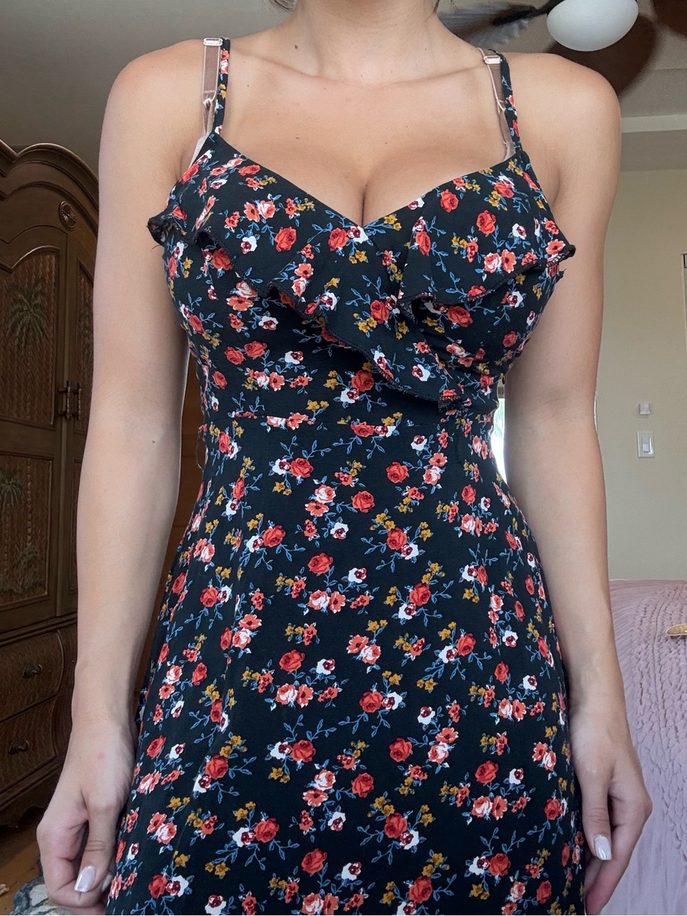 Socialite floral mini dress with red, white, and yellow flowers